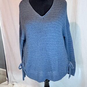 Blue V-Neck Sweater with Bow Details